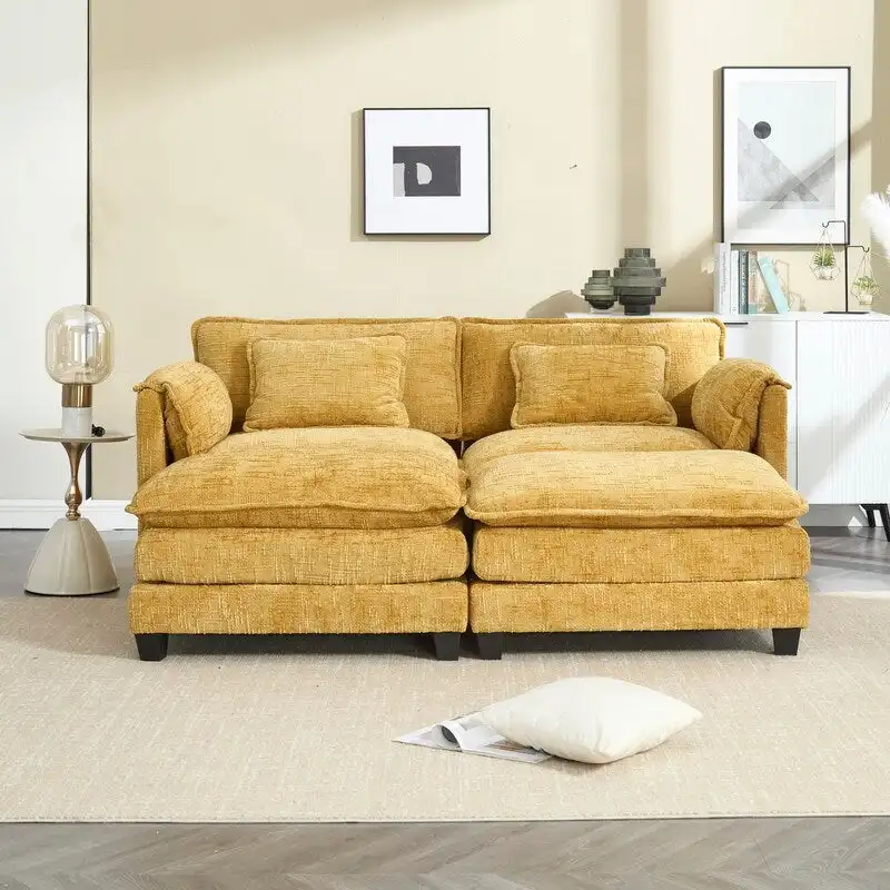 76.77  Chenille Upholstered Sofa with 2 Ottomans