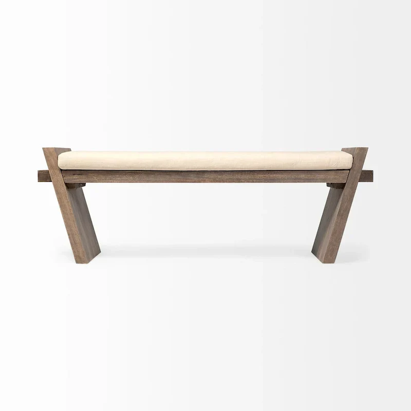 Elaine I Cream Fabric Seat w/ Brown Wood Entryway Bench - 58W x 15D x 20H