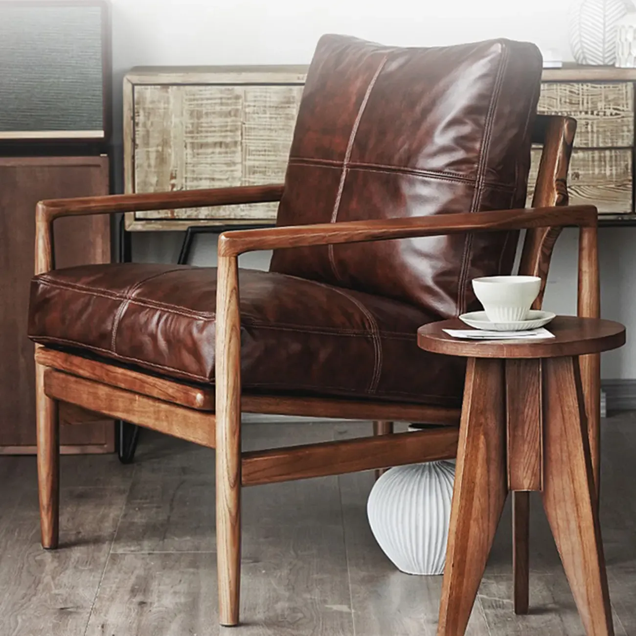 Leather Armchair with Wooden Armrest for Living Room