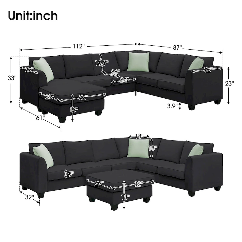 112*87  Sectional Sofa Couches Living Room Sets 7 Seats Modular Sectional Sofa with 3 Pillows, Black