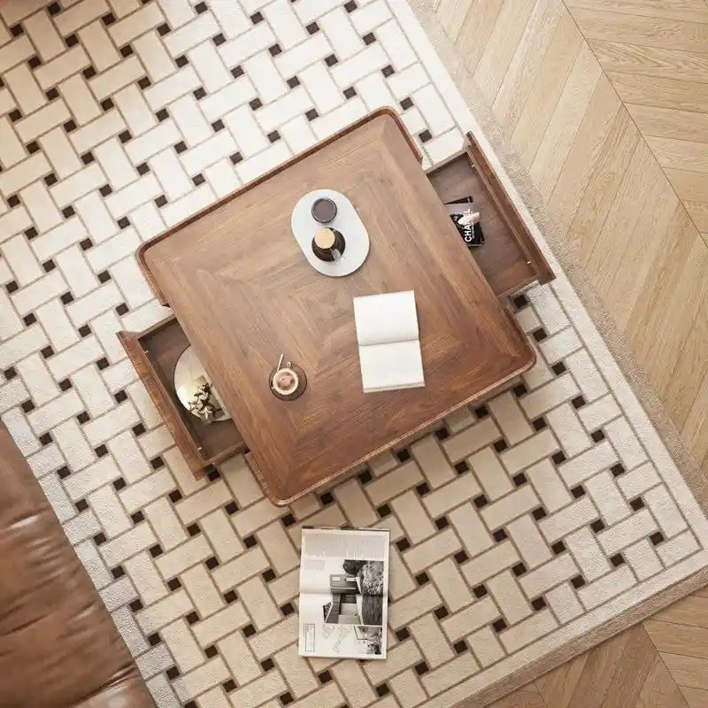 Industrial Walnut Coffee Table with Hidden Drawers - 39.37 x39.37 x12.6