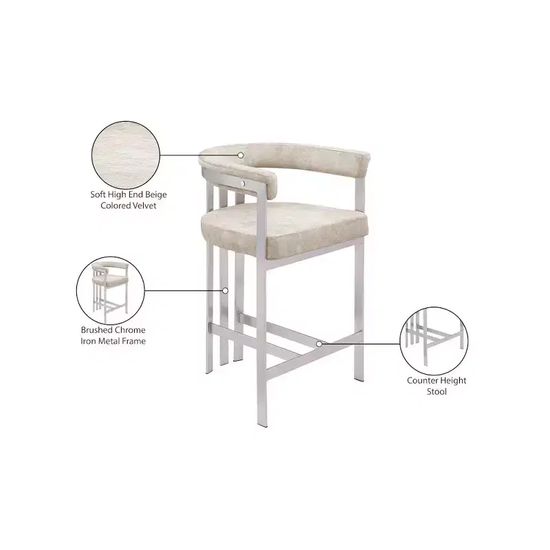 Meridian Furniture,Marcello Beige Velvet Counter Stool, Set of 2