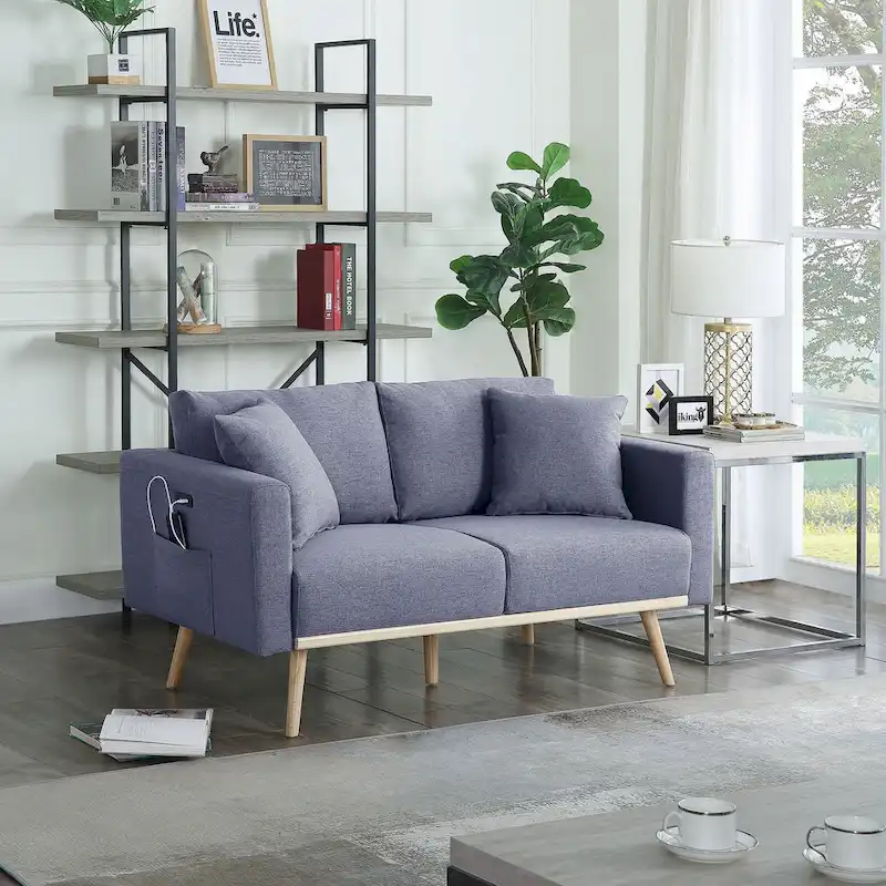 Linen Upholstered Loveseat with 2 Pillows