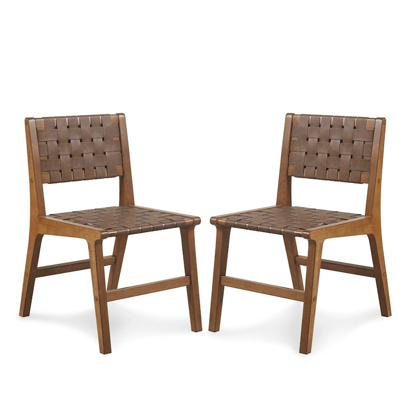 Faux Leather Woven Backrest Dining Chair Side Chair Set of 2