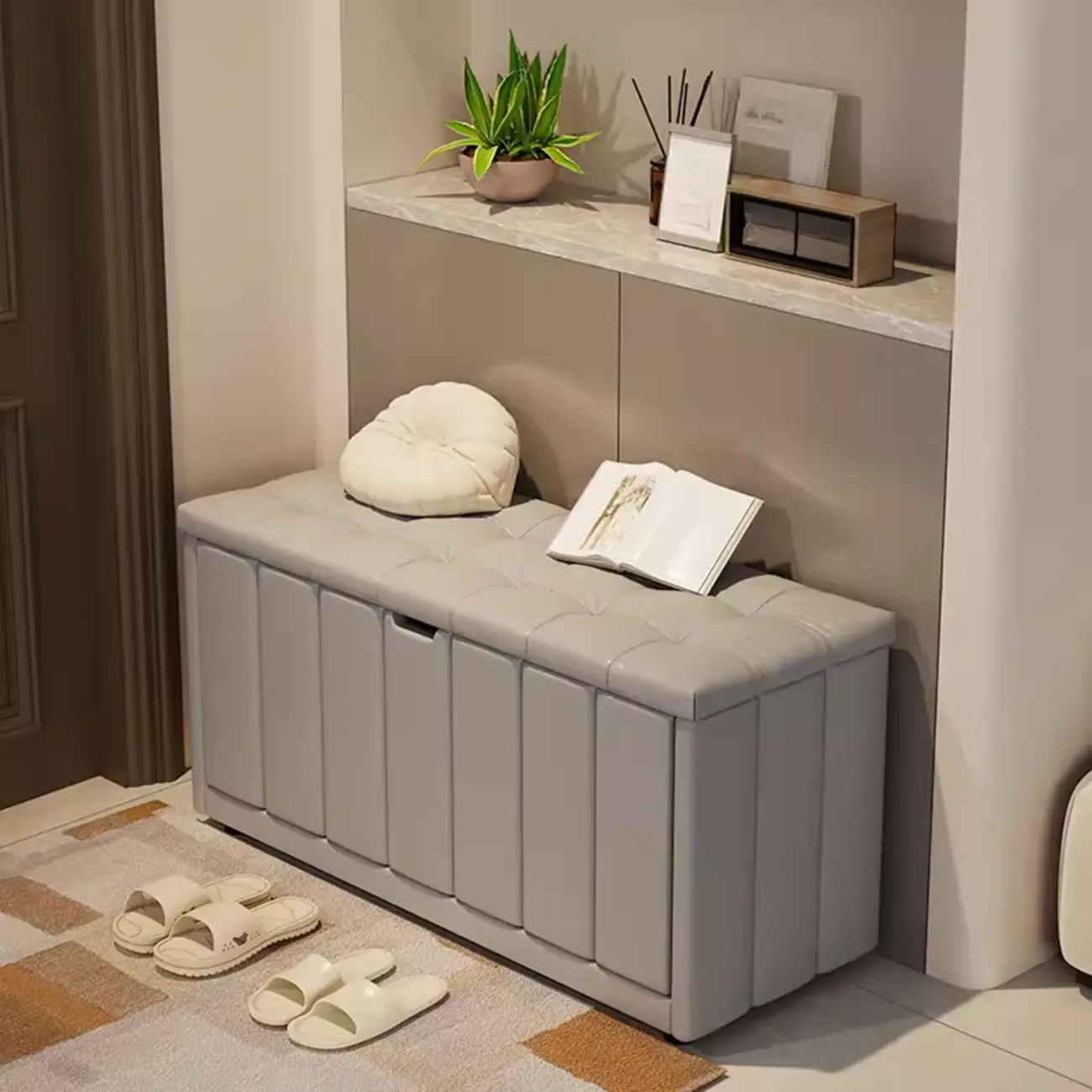 Adjustable Shelves Drop Front Wood Cushioned Shoe Bench