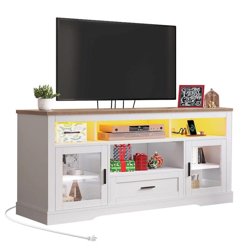 Moasis LED Farmhouse TV Stand for TV up to 65 Highboy Entertainment Center with Acrylic Doors