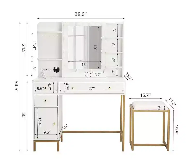 White Makeup Vanity Desk Set with Mirror & Power Outlet -Vanity Table with Storage Shelves, Drawers, Charging Ports & Stool
