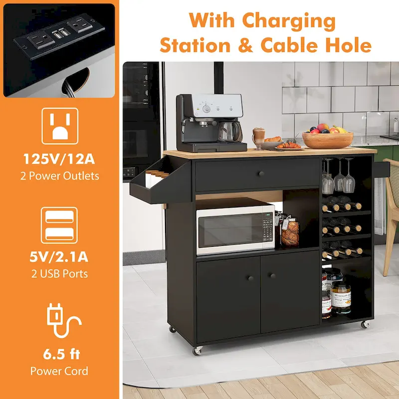 Gymax Kitchen Island Cart w/ Drop-Leaf & Power Outlet Microwave Shelf