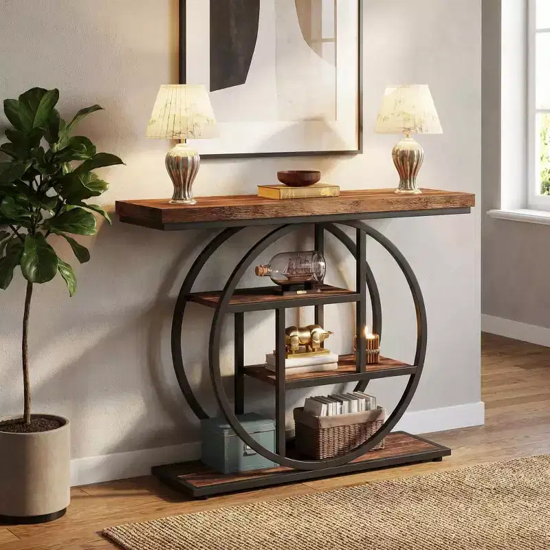 JVNOXK Industrial 4-Tier Wood End Table with Round Metal Frame