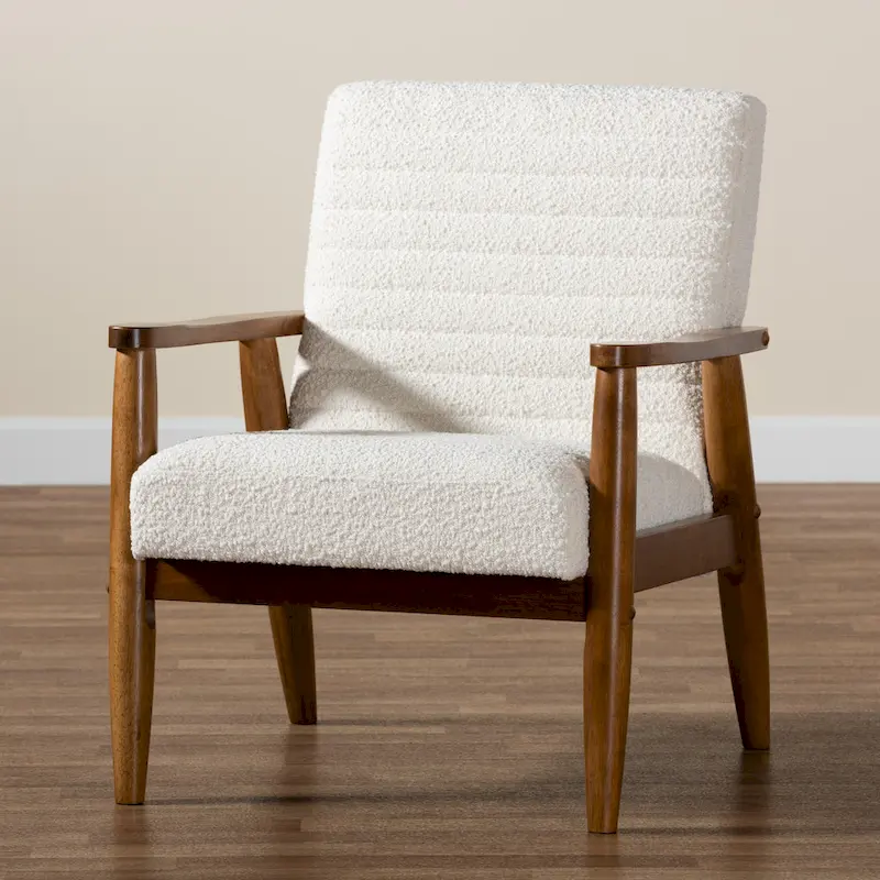 Stratton Mid-Century Modern Cream Boucle Fabric and Walnut Brown Finished Wood Armchair