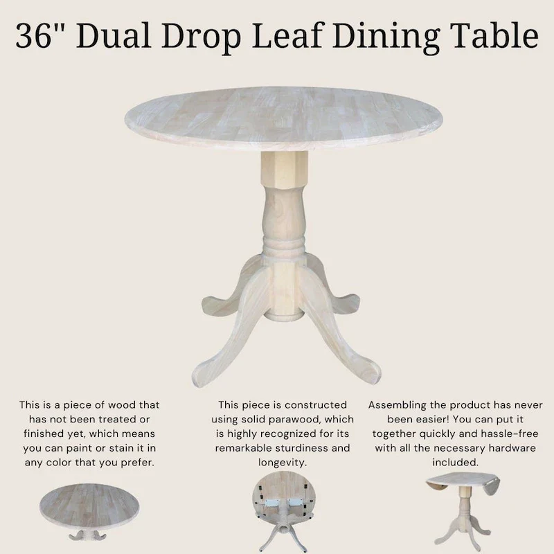 Solid Wood Round 36-inch Drop-leaf Dining Table - Unfinished