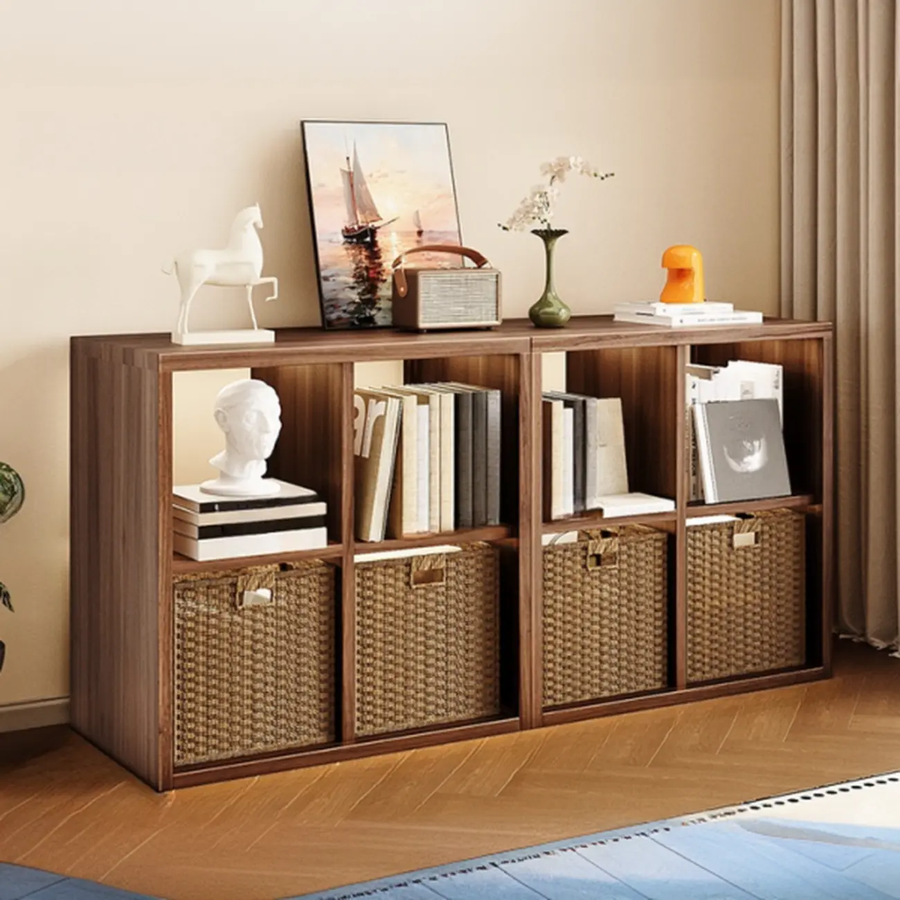 Modern Steel Cube Bookcase with Fabric Bins