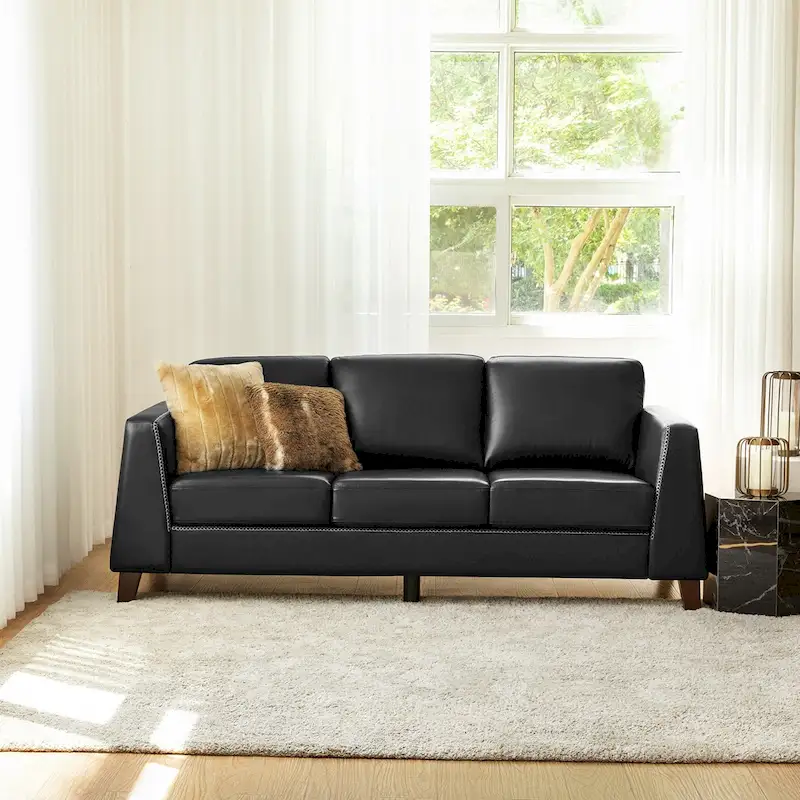 Rita 81.5 Genuine Leather Tuxedo Arm Sofa Couch With Solid Wood Legs By HULALA HOME