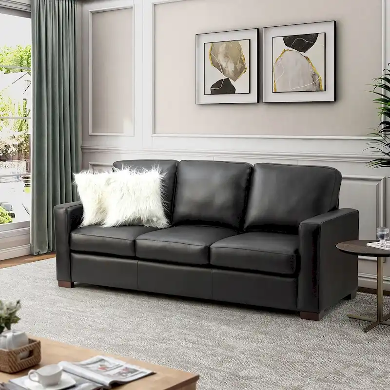 Ernando 83.46 Wide Genuine Leather Sofa with Squared Arms and Pillows