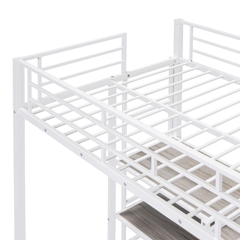 Metal Loft Bed with 3 Shelves and Ladder