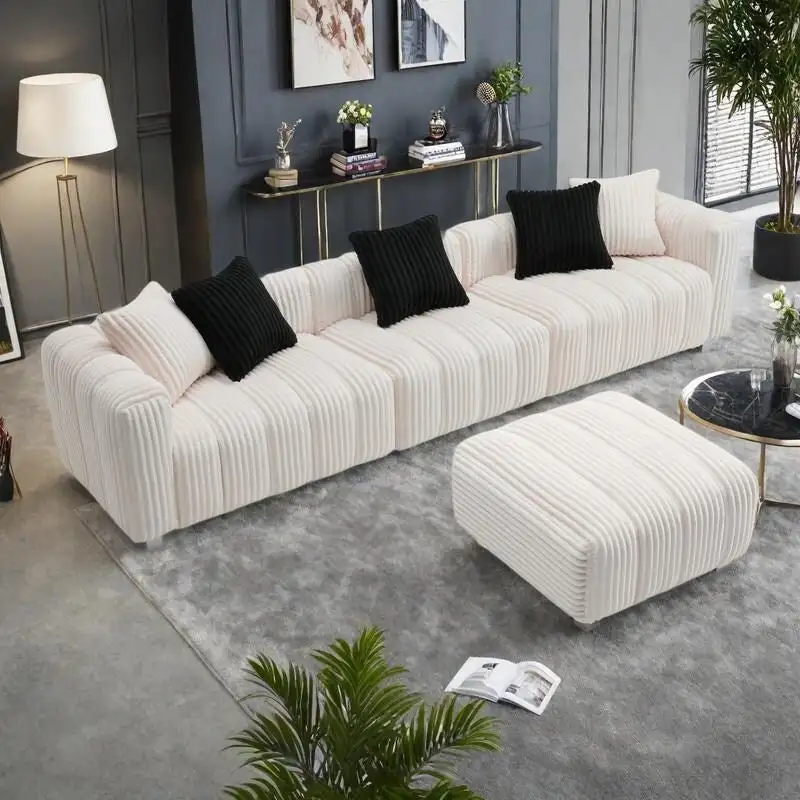 114.17 Corduroy 3-Seater Sofa with Ottoman, Solid Wood Frame and High-Density Foam Cushions