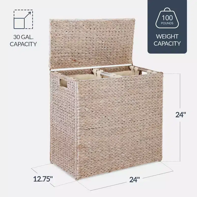 Best Choice Products Large Natural Water Hyacinth Double Laundry Hamper Basket w/ 2 Liner Bags, Handles