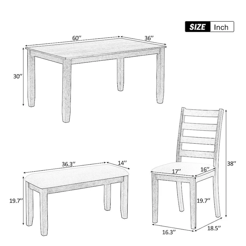 60 Farmhouse Rectangular Dining Table with 4 Upholstered Chairs and Bench