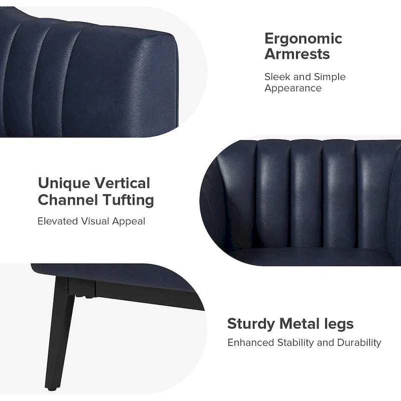 Channel Tufted PU Leather Accent Chair, Navy/Grey/Camel/Brown/Black, Metal Legs, Set of 2