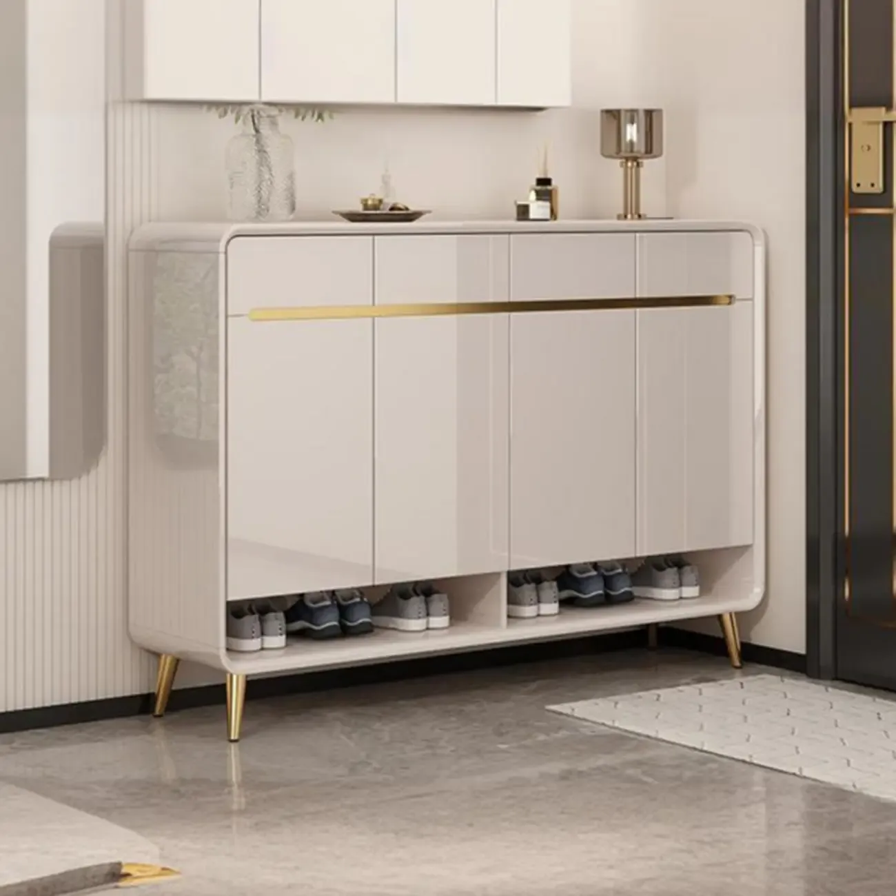 Glam Beige Solid Wood Shoe Cabinet with Display Top