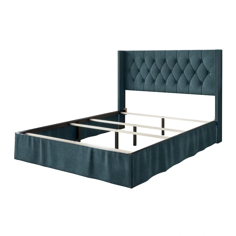 Tufted Upholstered Panel Bed, Wingback Headboard, Nailhead Trim, Seats 2, Grey/Black/Beige/Denim Blue, Twin/Full/Queen/King