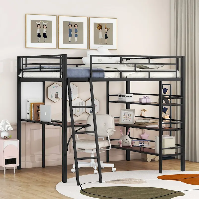 Twin Metal Loft Bed with Built-in Desk