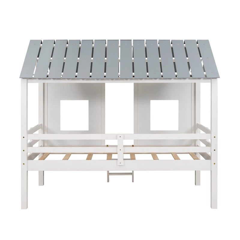 Twin Pine Low Loft House Bed with Roof, Windows, and Ladder