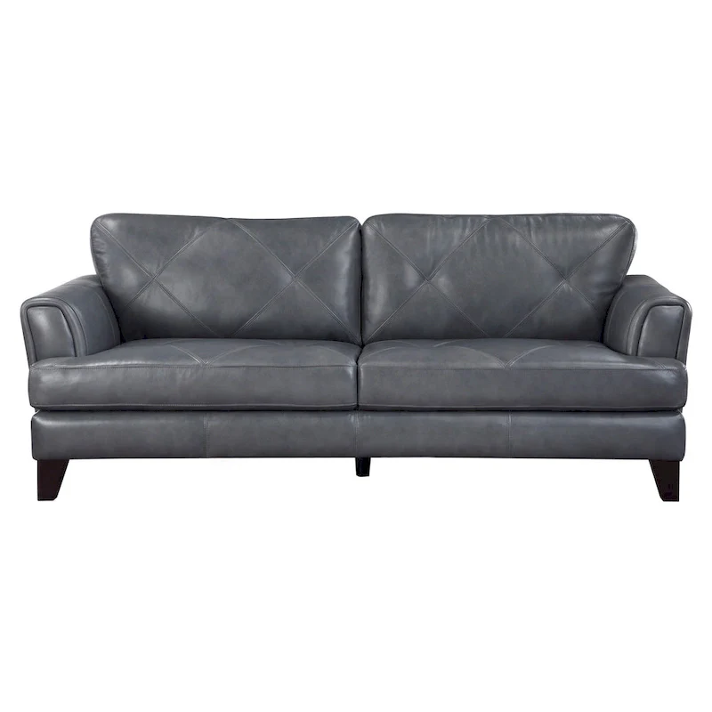88 Inch Sofa, Gray Top Grain and Split Leather, Brown Solid Wood