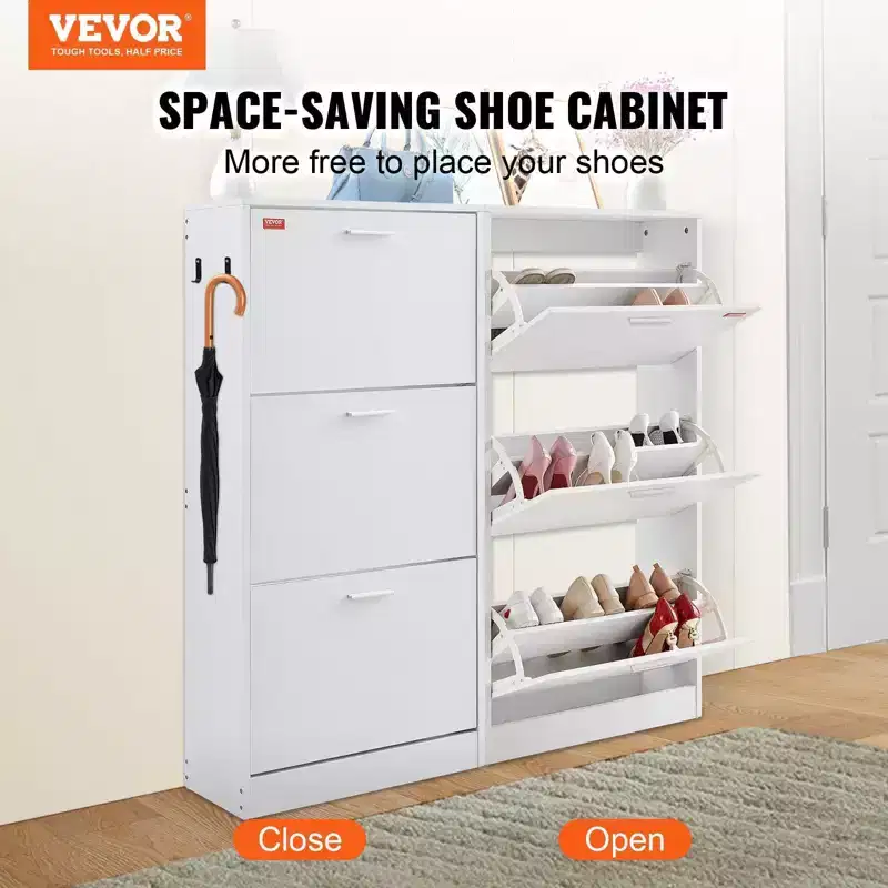 3-Flip Drawer Shoe Cabinet with Side Hooks – White, Freestanding, Holds 15 Pairs