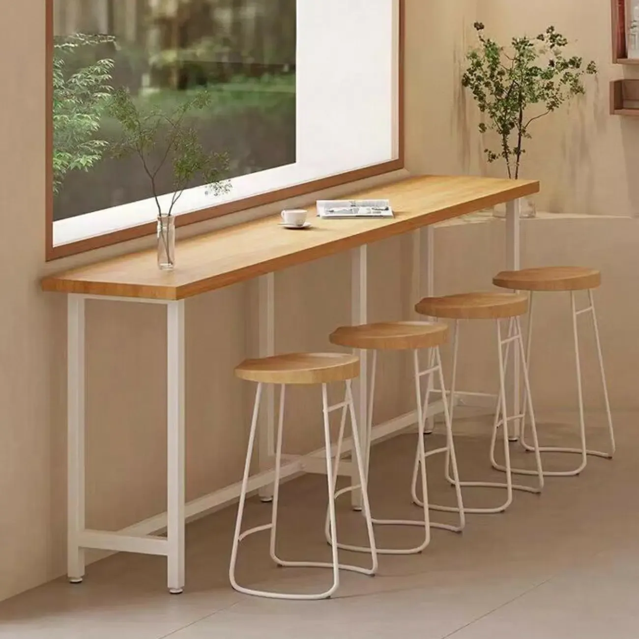 Simplistic Pine Wood Bar Table with White Metal Base for Dining