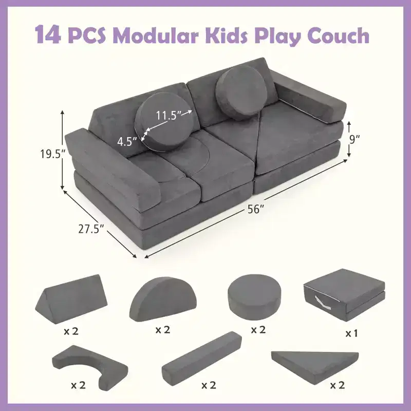 Costway 14 PCS Modular Kids Play Couch Child Sectional Sofa Toddler Soft Playset Blue/Gray/Yellow