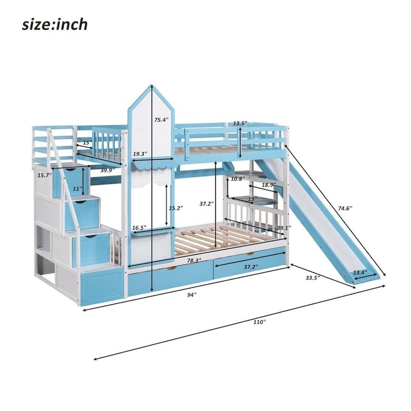 Twin-Over-Twin Castle Style Bunk Bed with Drawers,Shelves,Slide