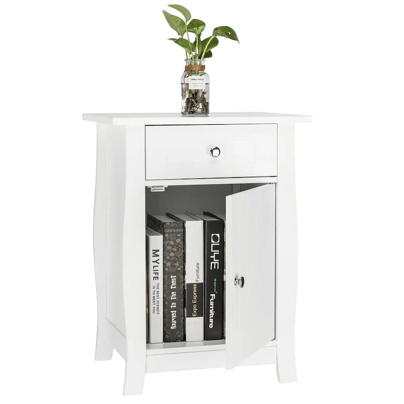 Nightstand - White MDF, 1 Door, 1 Drawer, Paint Finish, 17.72W x 23.62H, Compact