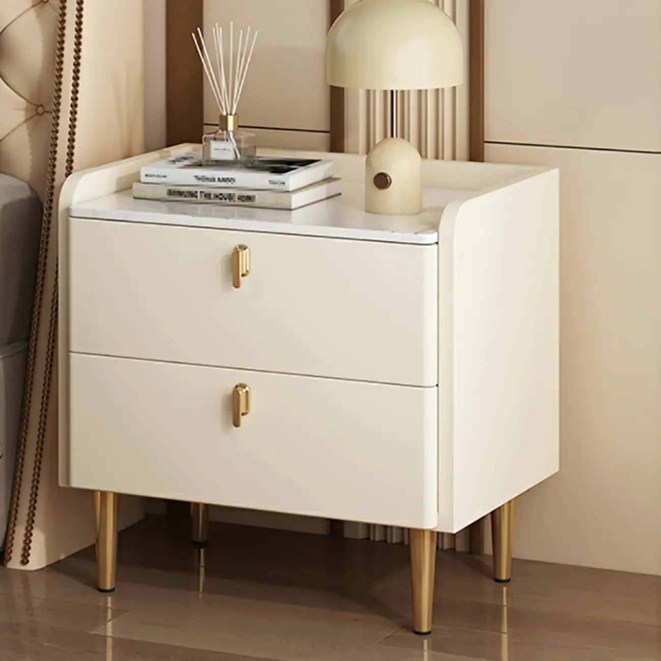 Modern Leather Stone Top Gold Accents 2-Drawer Nightstand
