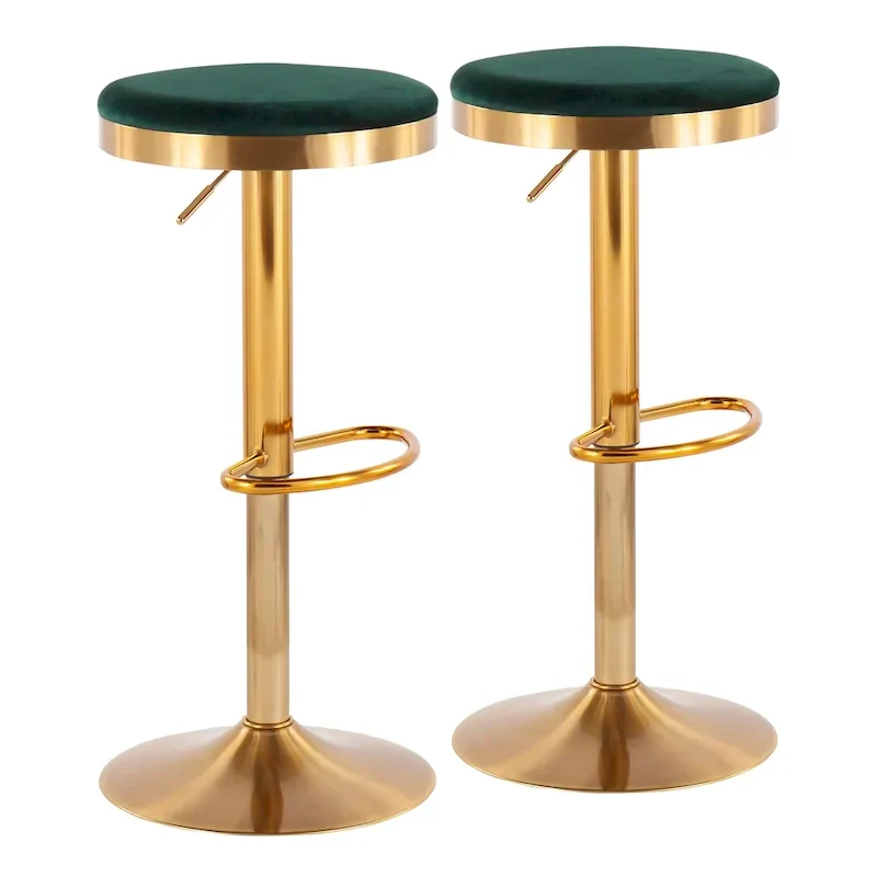 Gold Steel Barstool with Upholstered Seat - Set of 2 - Adjustable Height 23-31.75H