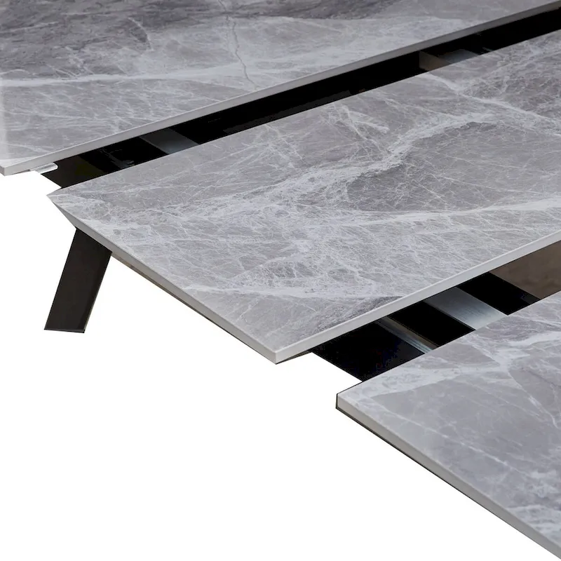 79 Inch Extendable Modern Dining Table, Textured Stone Surface, Warm Gray