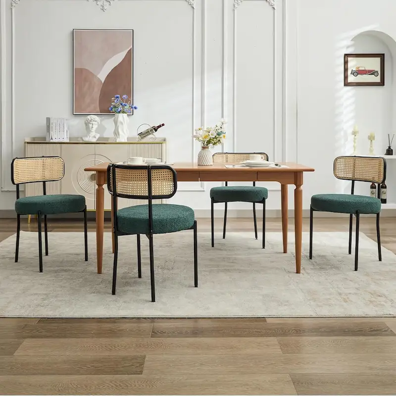 XINMICS Mid-Century Modern Dining Chairs, Boucle Upholstered Metal Side Chair with Rattan Cane Back, Set of 2 - set of 2