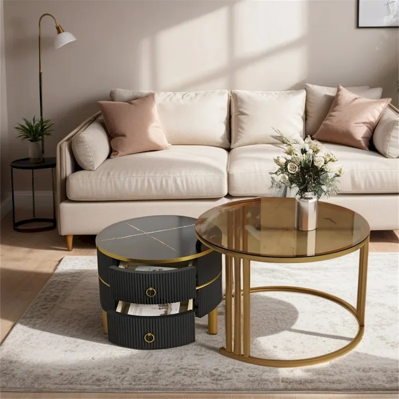 Stackable Coffee Table,Nesting Tables with Brown Tempered Glass,2 PCS