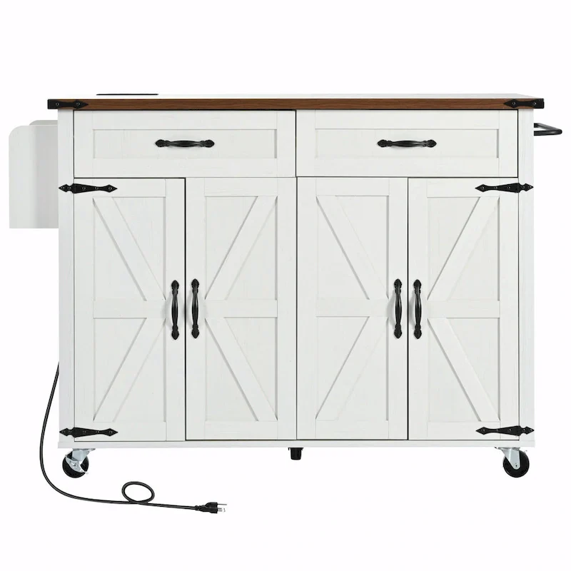 53.5 Farmhouse Kitchen Island - Power Outlet, Drop Leaf, Spice Rack, Drawer, Rolling Cart on Wheels