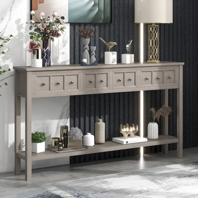 Rustic Entryway Console Table with Drawers and Bottom Shelf