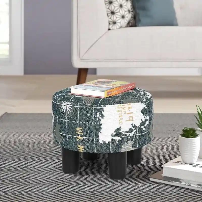 Adeco Round Ottoman Fabric Footrest Modern Padded Chair Footstool