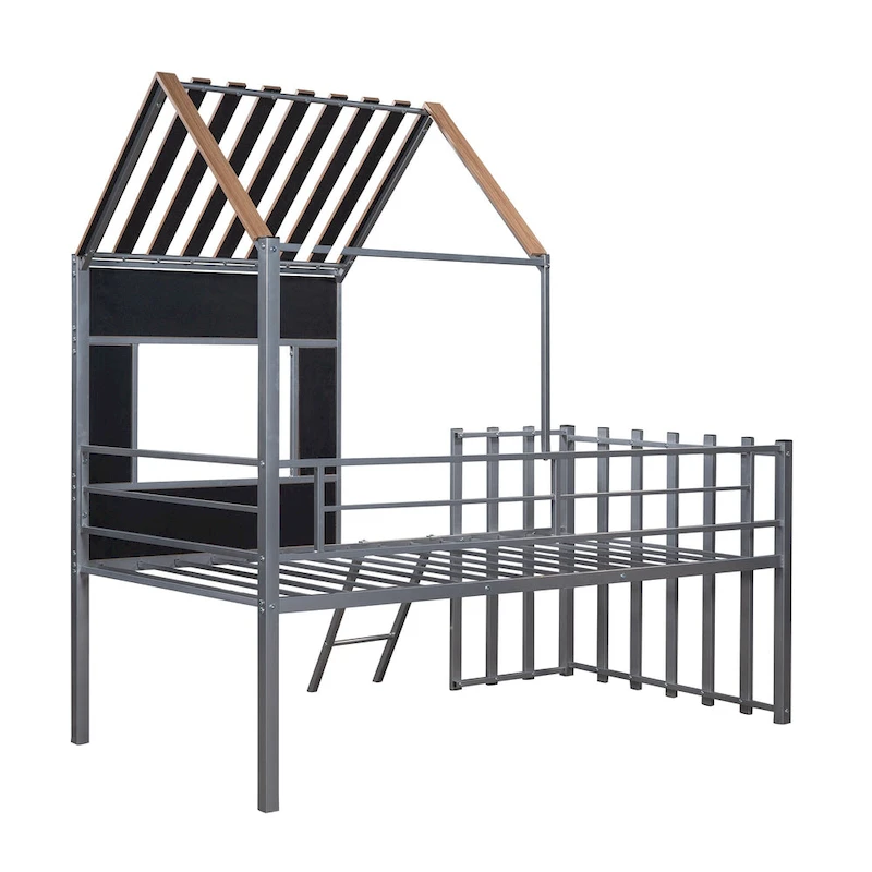 Silver Twin Metal Loft Bed with Roof, Window & Ladder