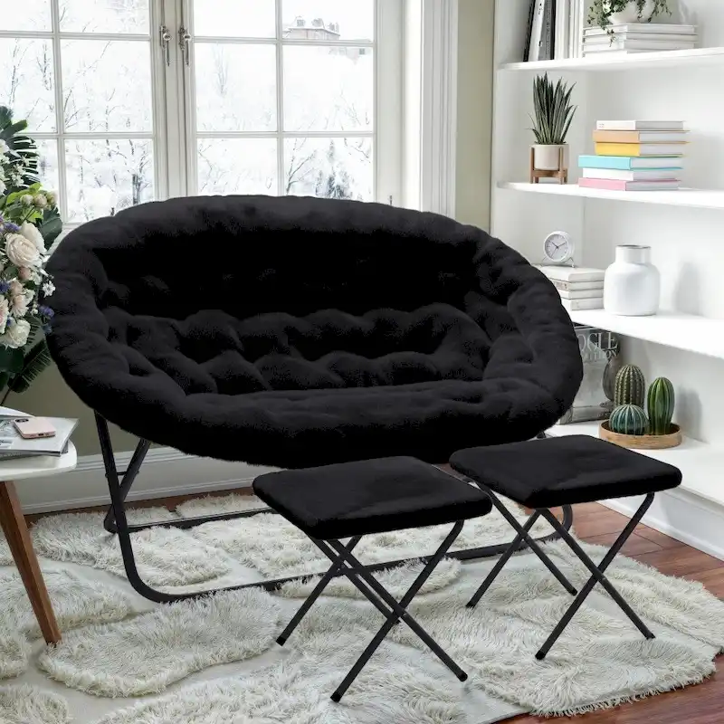 Double Folding Synthetic Fur Saucer Chair with 2 Ottomans