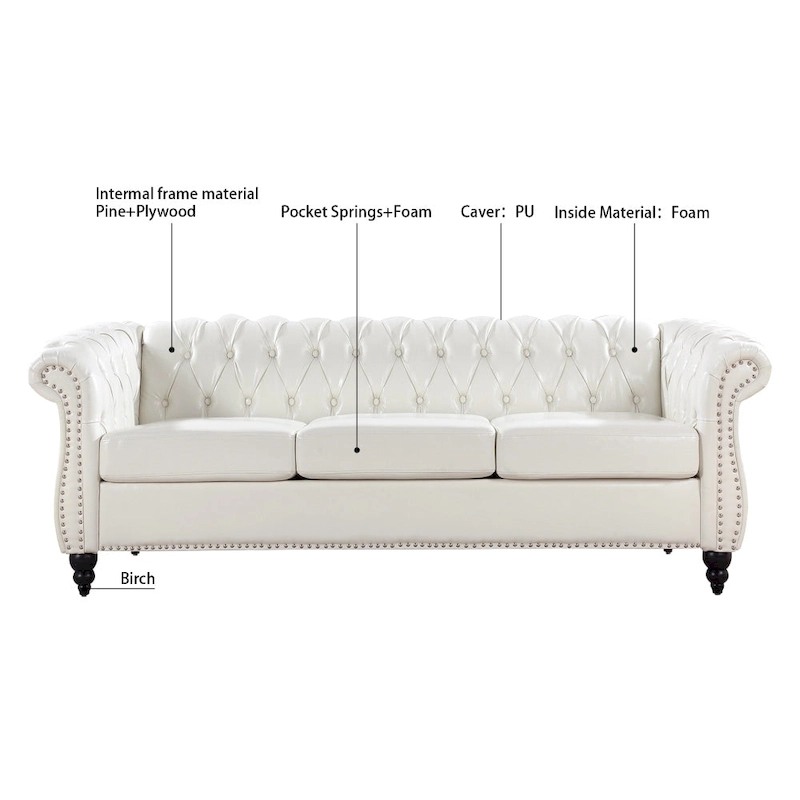 84.65 PU Rolled Arm Chesterfield 3 Seater Sofa