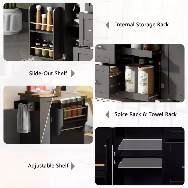 MAYEERTY Black Rolling Kitchen Island with Rubber Wood Top, 3 Drawers 2 Slide-Out Shelves Spice Rack Tower Rack
