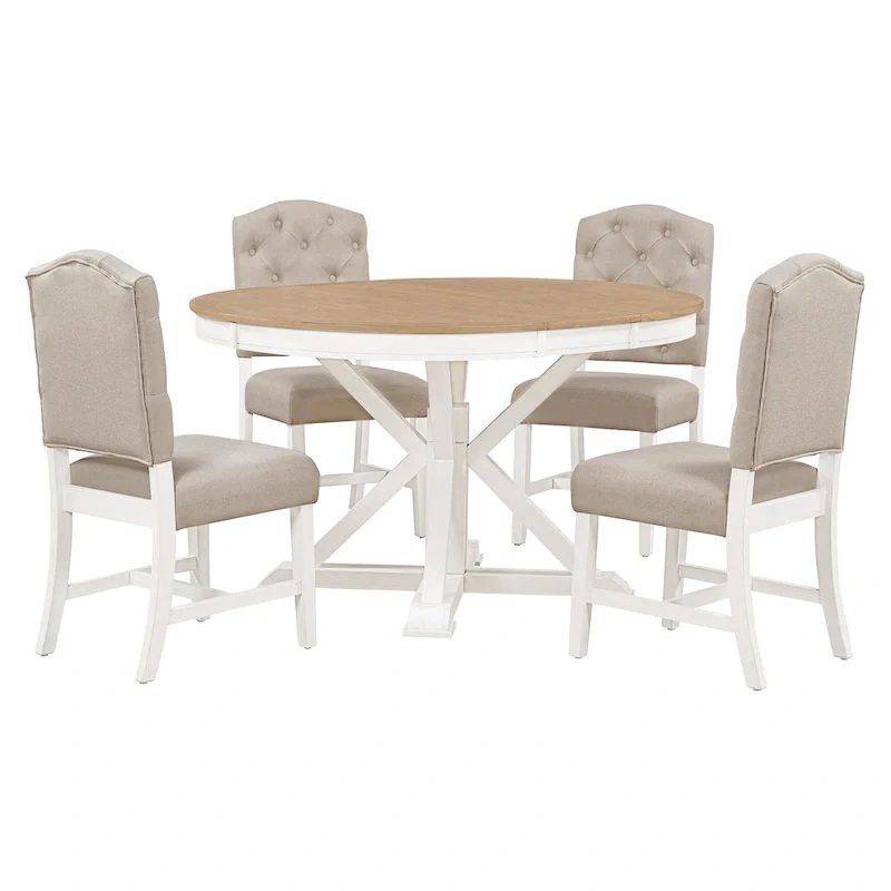 5 Pcs Wooden Round Dining Table Set, Kitchen Dining Table Chair Set with Extendable Table and 4 Upholstered Chairs