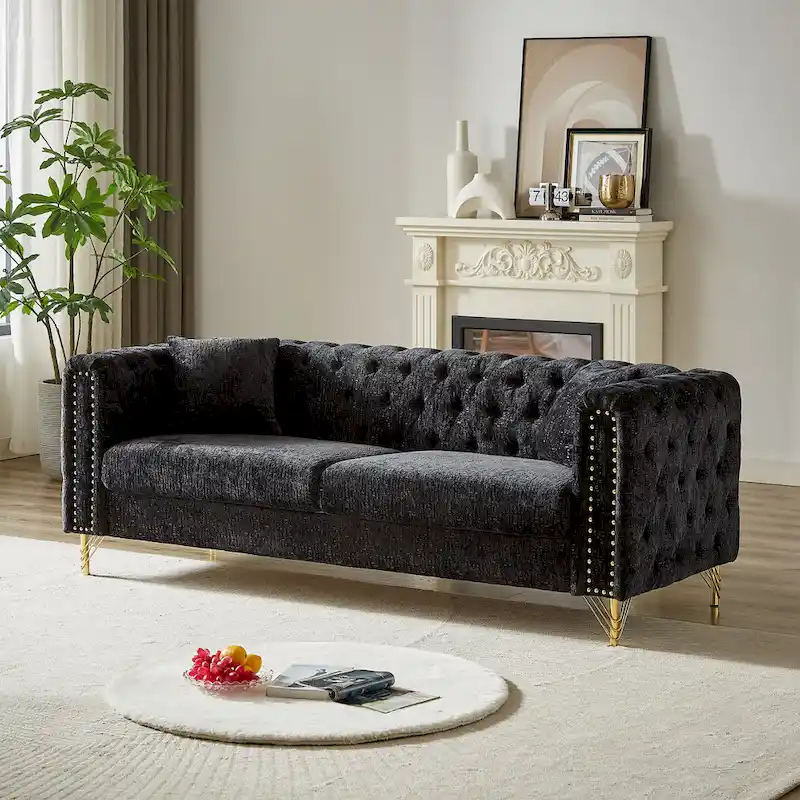 Chenille Tufted Upholstered 3-seater Sofa with Metal Legs