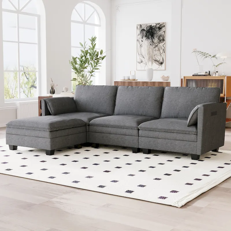 Christopher Knight Home - Noah 141.5 U-Shaped 6-Seater Sofa Couch with Movable Ottoman and Armrest Pockets, Fabric Upholstery