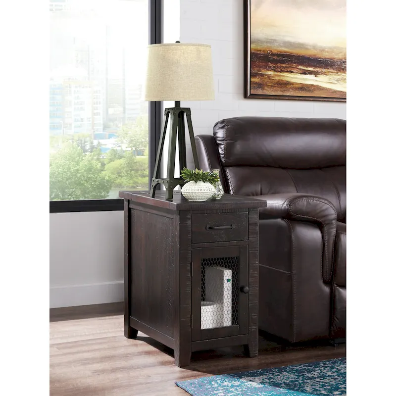 Rustic Solid Wood Chairside End Table with Hidden Charging Station
