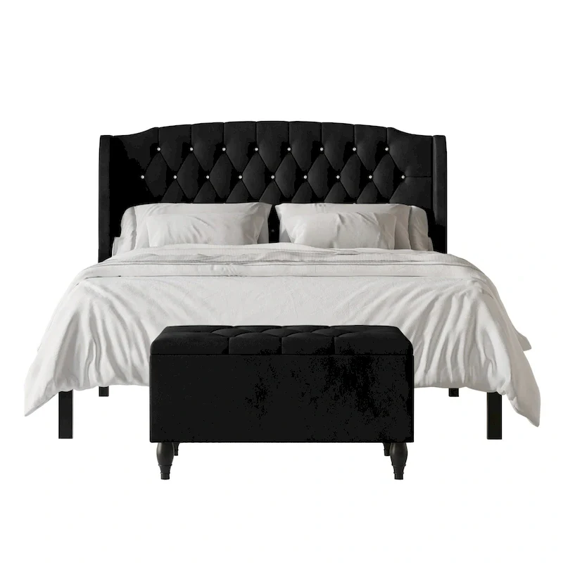 CraftPorch 2 Piece Bedroom Bench Set Velvet Wingback Upholstered Bed